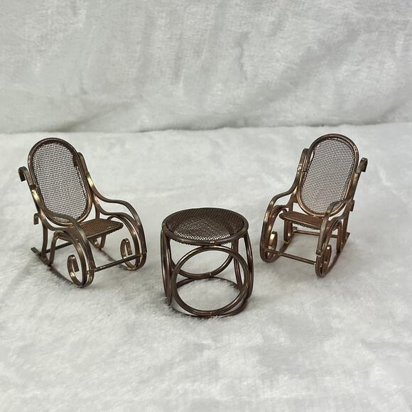 Unbranded Other - Vintage Brass Miniature Dollhouse Rocking Chairs & Table Set Woven Seat 1:12